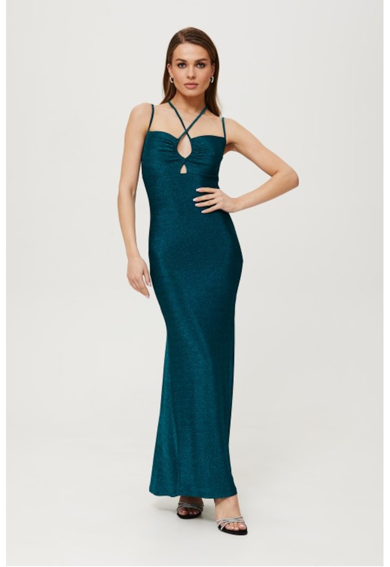 Rochie maxi metalica cu cravata la decolteu - - Albastru