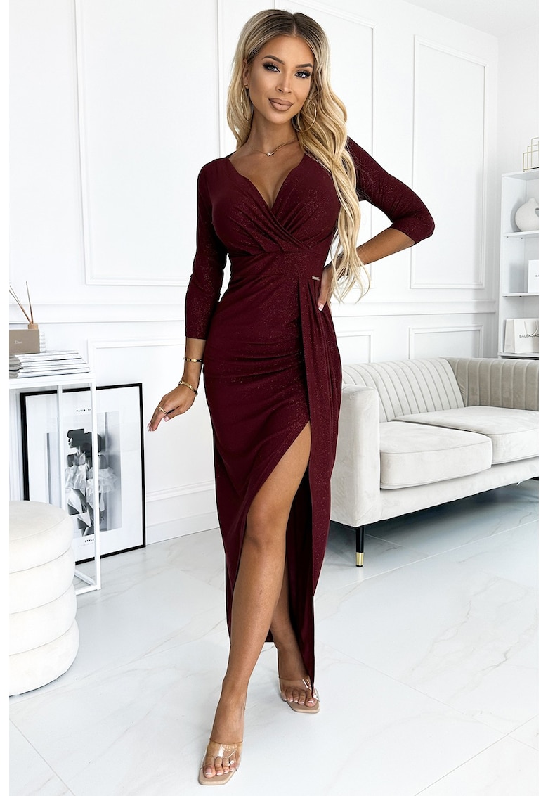 Rochie maxi stralucitoare cu decolteu petrecut - - Rosu inchis