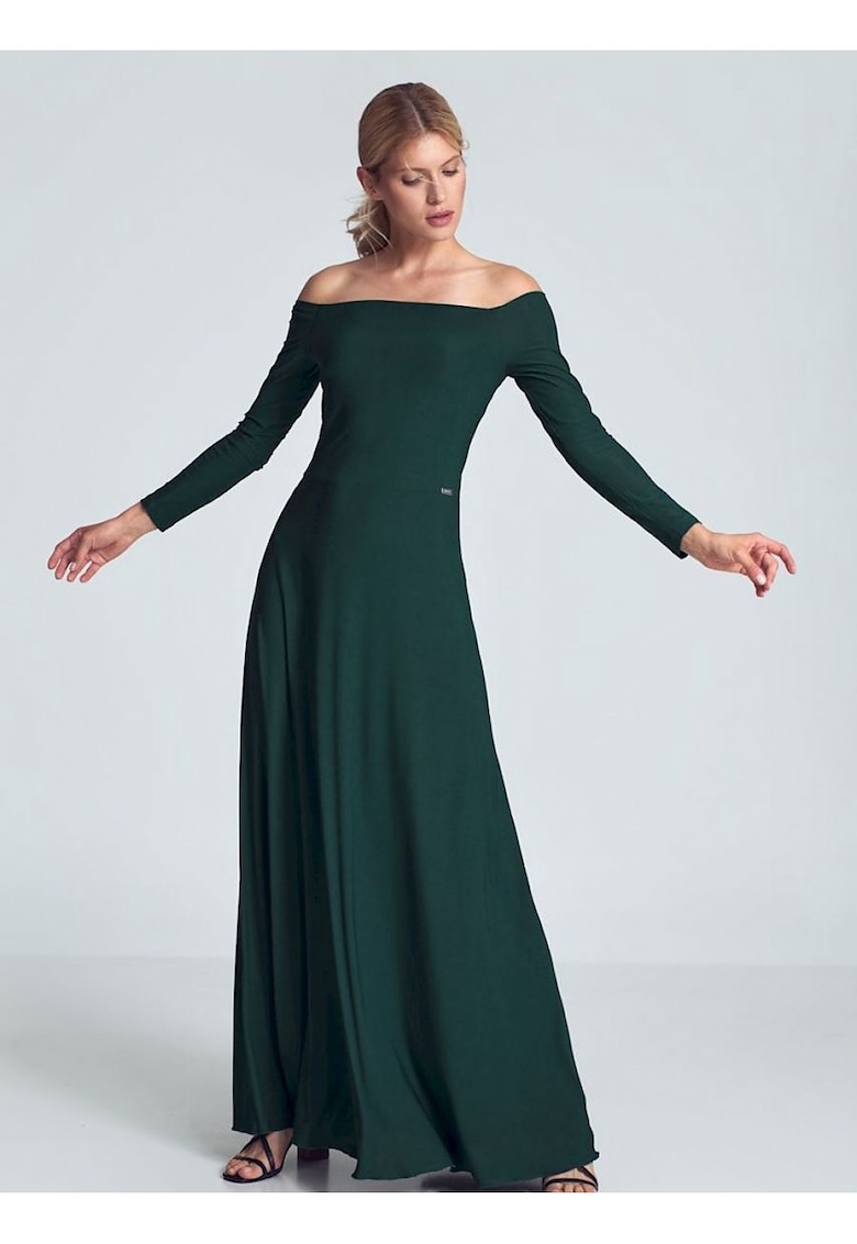 Rochie maxi verde - cu maneci lungi - decolteu mare - pliuri in zona pieptului - cusuta in talie - elastan 5% - poliester 95%
