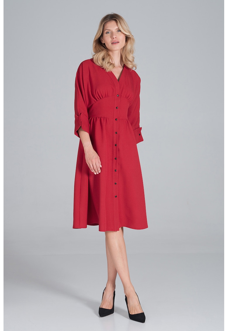 Rochie midi M843 - maneci 3/4 - decolteu in forma de inima - burgundy - poliester