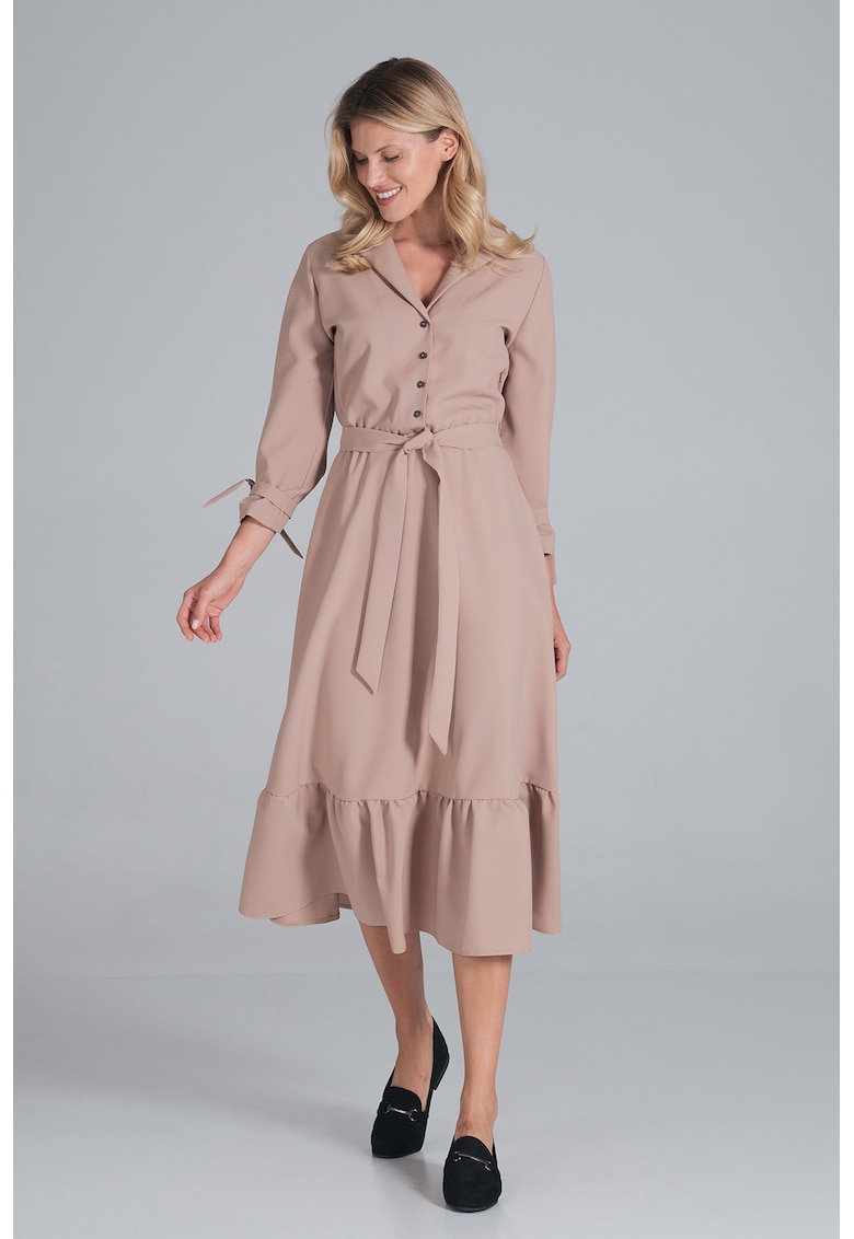Rochie midi bej cu curea - maneci lungi - poliester 100% -
