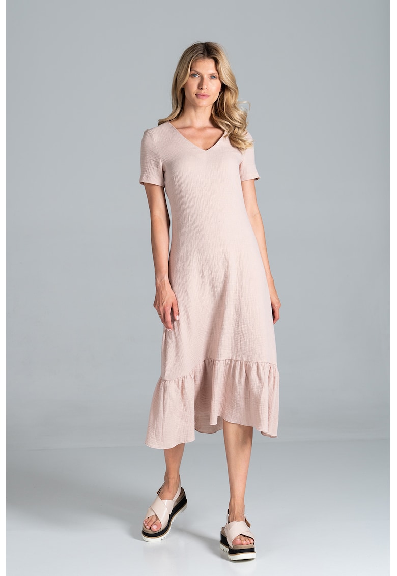 Rochie midi bej din bumbac cu volane si maneci scurte - Bej
