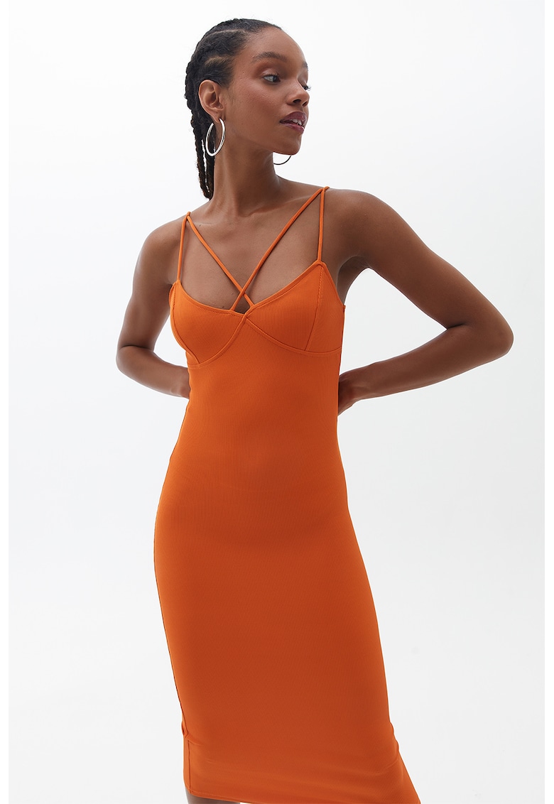 Rochie midi cambrata cu bretele incrucisate - Portocaliu stins