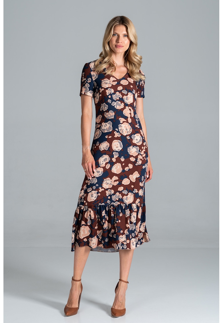 Rochie midi colorata - cu model - maneci scurte - vara - viscoza