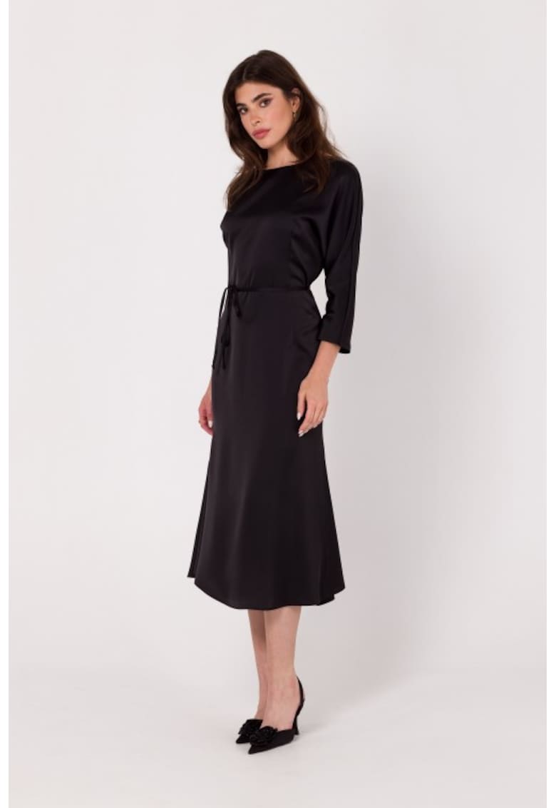 Rochie midi cu curea in talie - - Negru