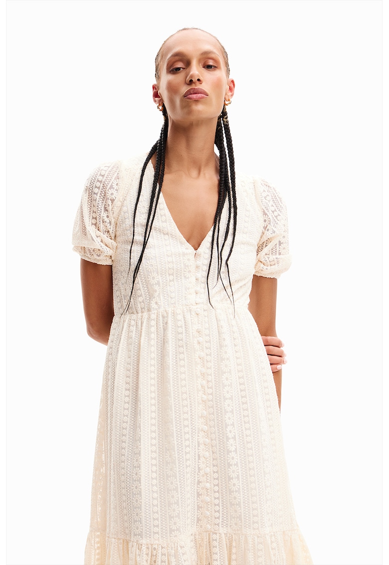 Rochie midi cu decolteu in V - Alb