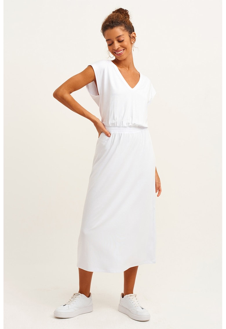 Rochie midi cu decolteu in V si banda elastica - Alb optic