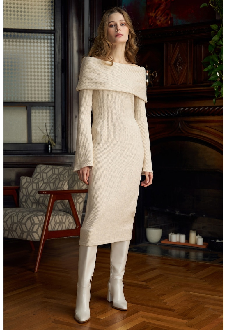 Rochie midi cu decolteu pe umeri - Bej