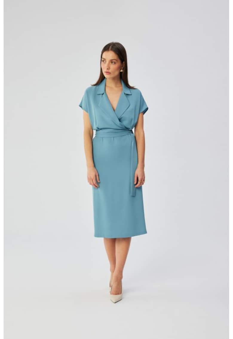 Rochie midi cu guler - - Albastru