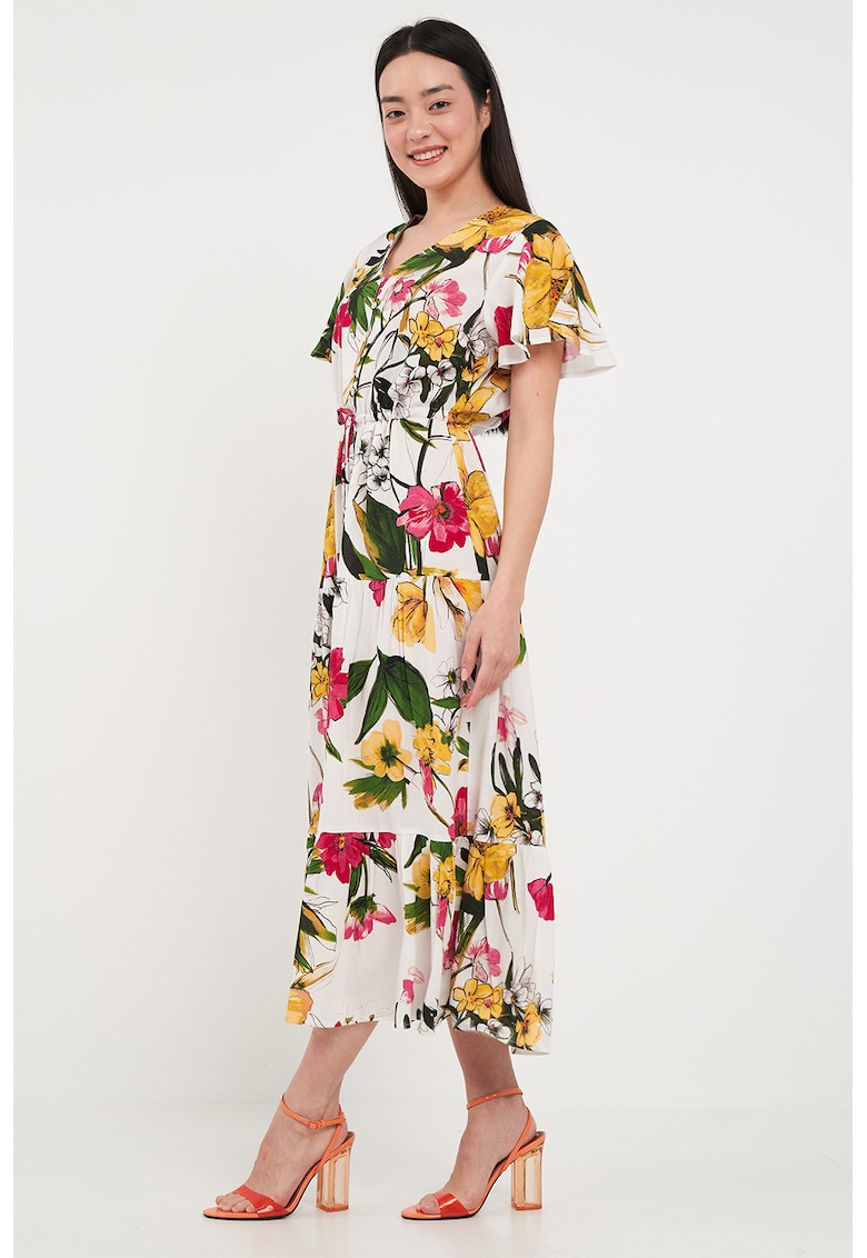 Rochie midi cu imprimeu si fronseuri - Alb/Galben/Verde inchis