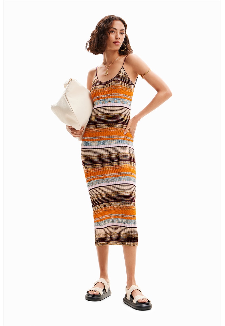 Rochie midi cu model in dungi - Maro/Portocaliu stins