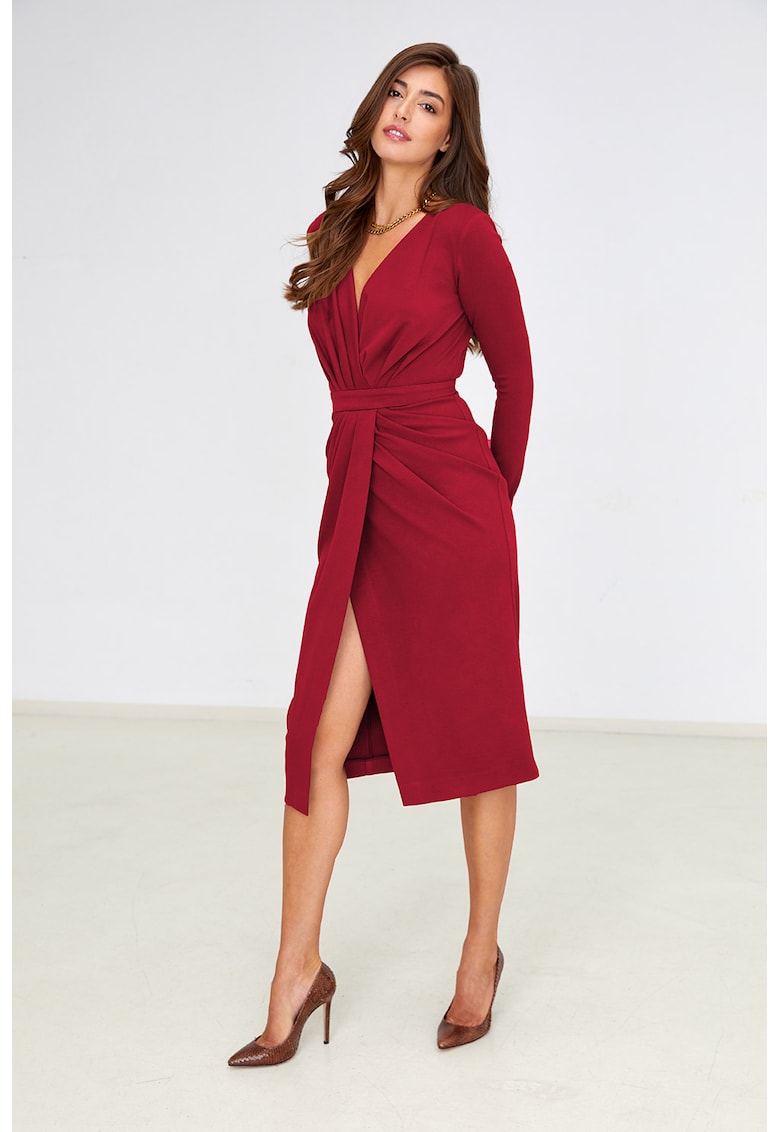 Rochie midi cu model petrecut - Rosu vermillion