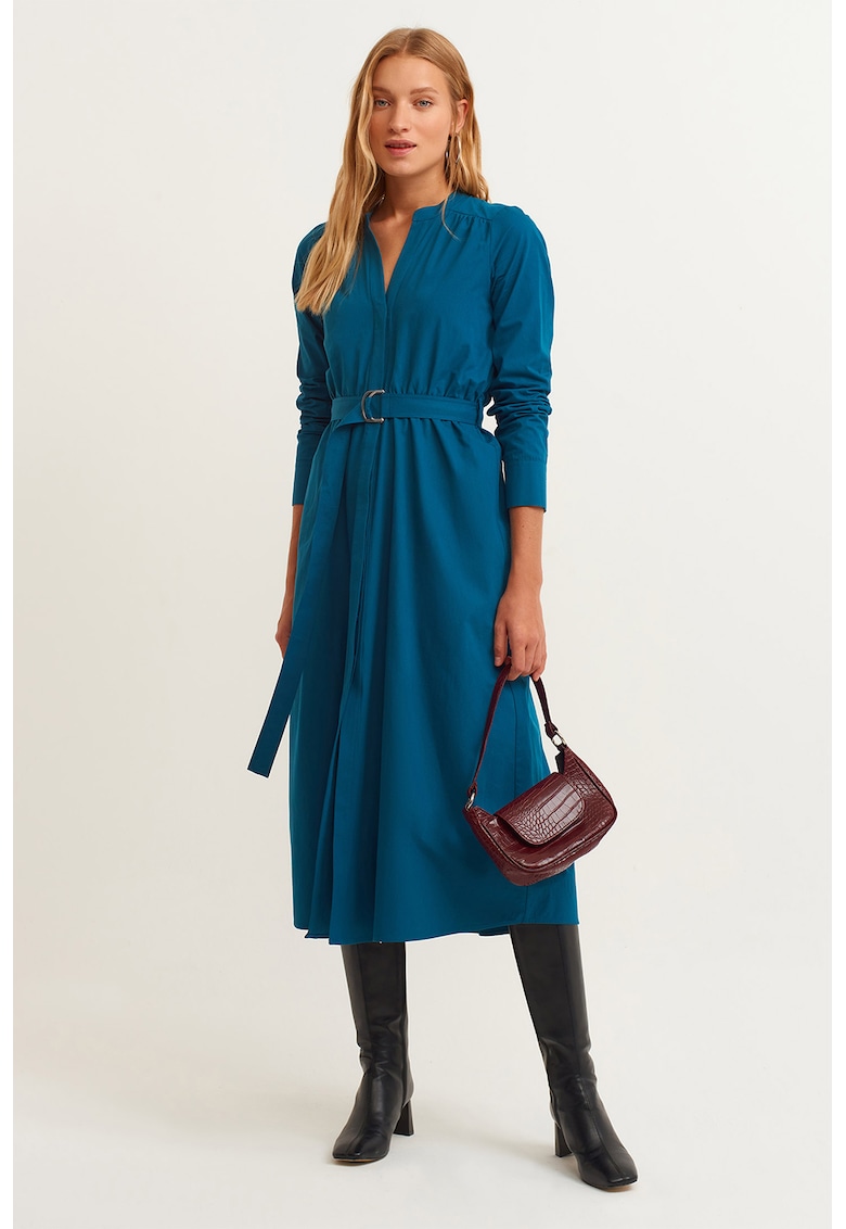 Rochie midi cu o curea in talie - Albastru petrol