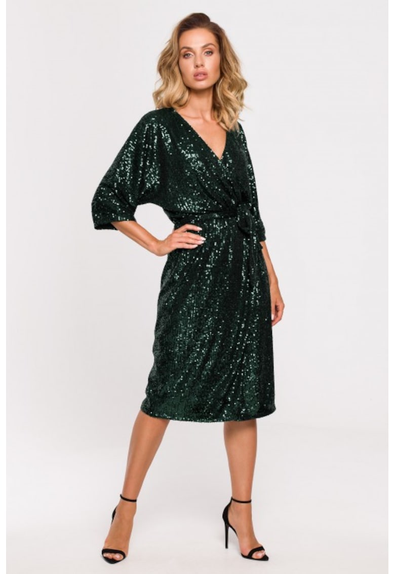 Rochie midi cu paiete legata in talie - - Verde