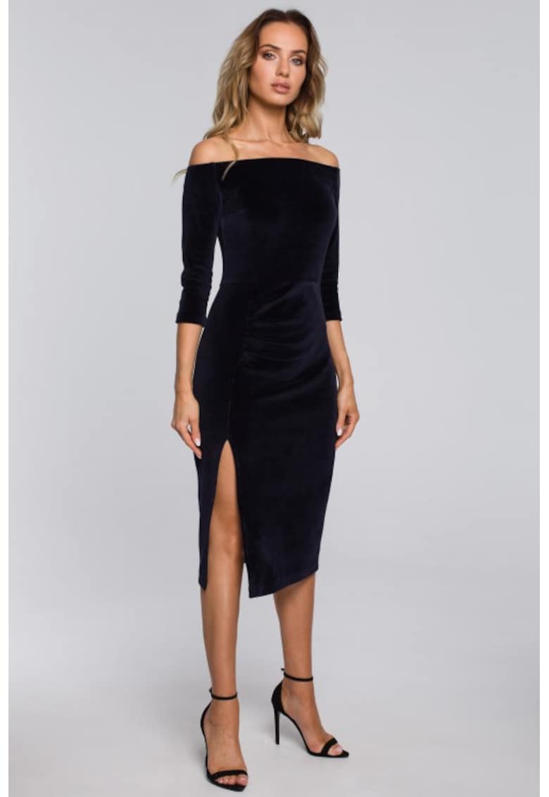Rochie midi din catifea cu decolteu barcuta si deschidere laterala - - Albastru