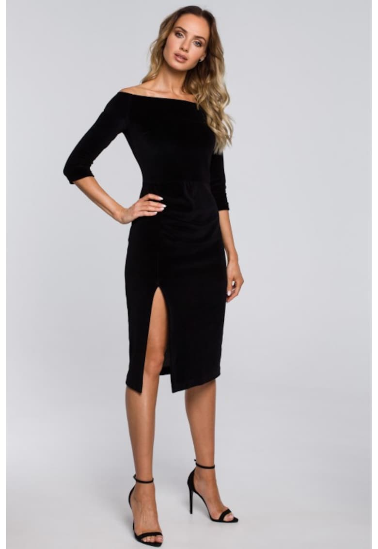 Rochie midi din catifea cu decolteu barcuta si deschidere laterala - - Negru
