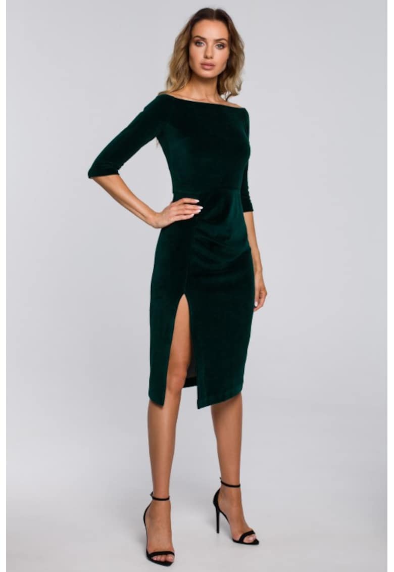 Rochie midi din catifea cu decolteu barcuta si deschidere laterala - - Verde