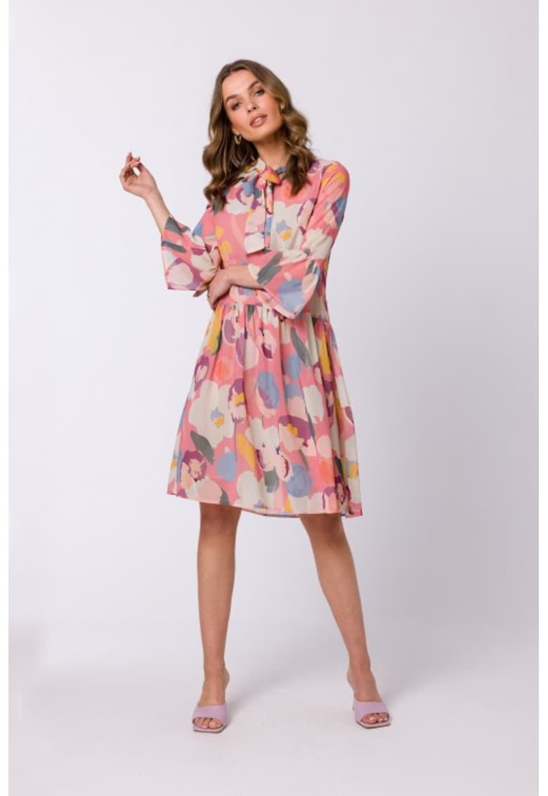 Rochie midi din sifon cu imprimeu floral si funda la gat -