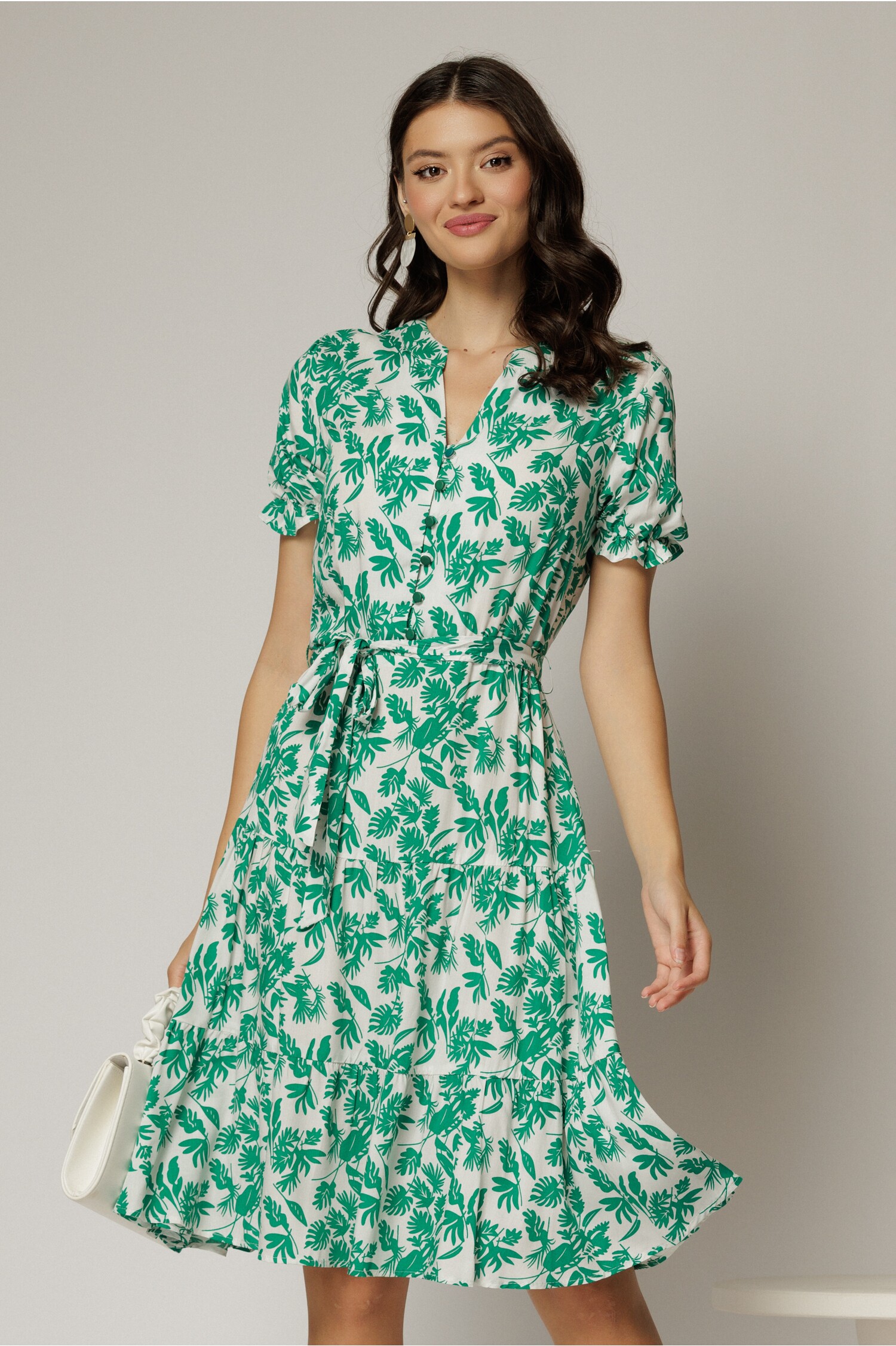 Rochie midi din viscoza alba cu imprimeu verde
