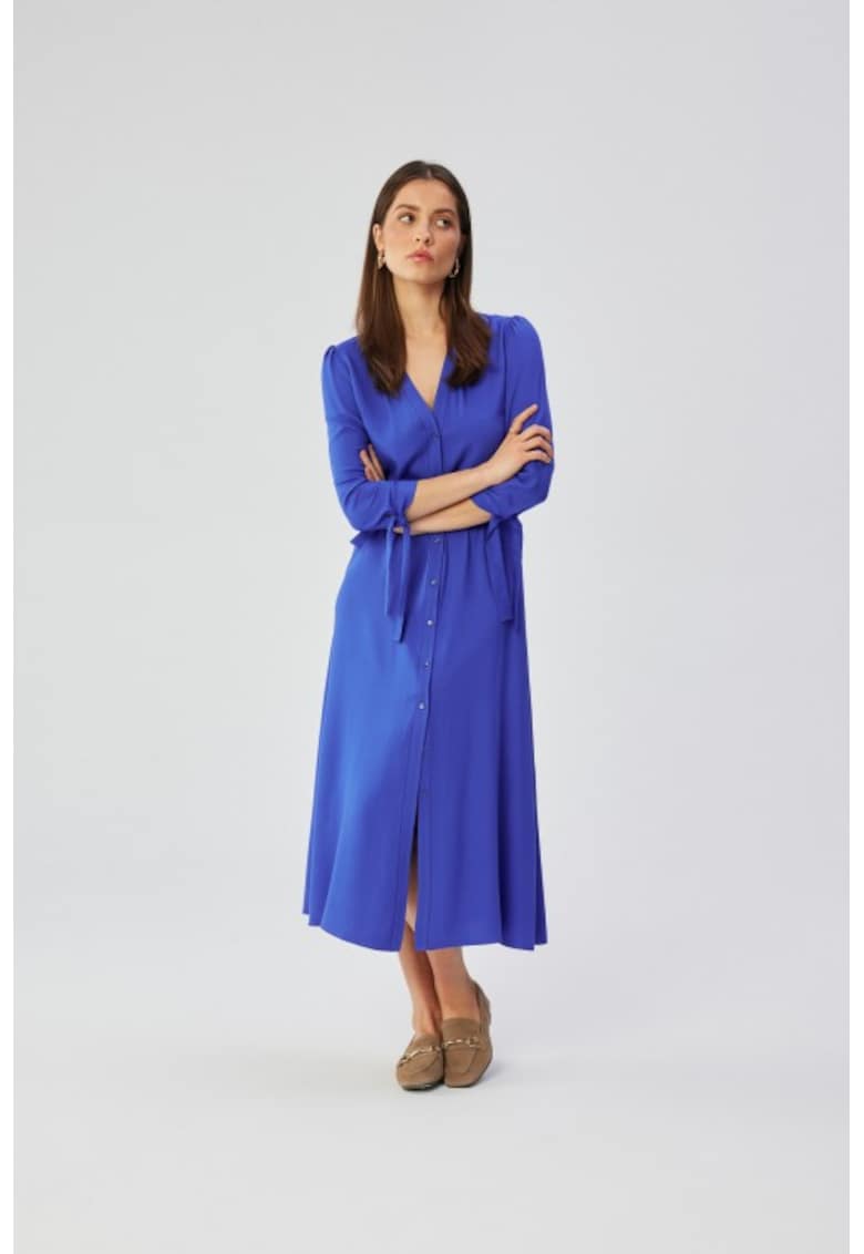 Rochie midi din viscoza cu mansete legate - - Albastru