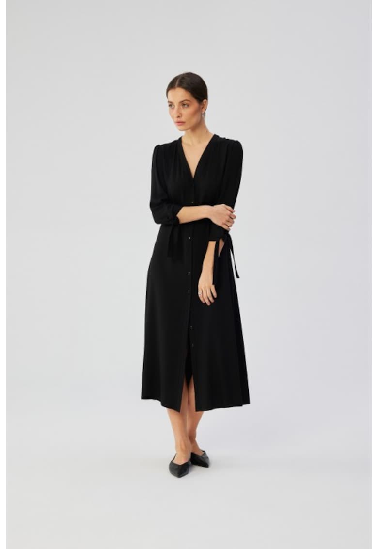 Rochie midi din viscoza cu mansete legate - - Negru