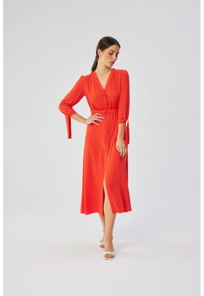Rochie midi din viscoza cu mansete legate - - Portocaliu