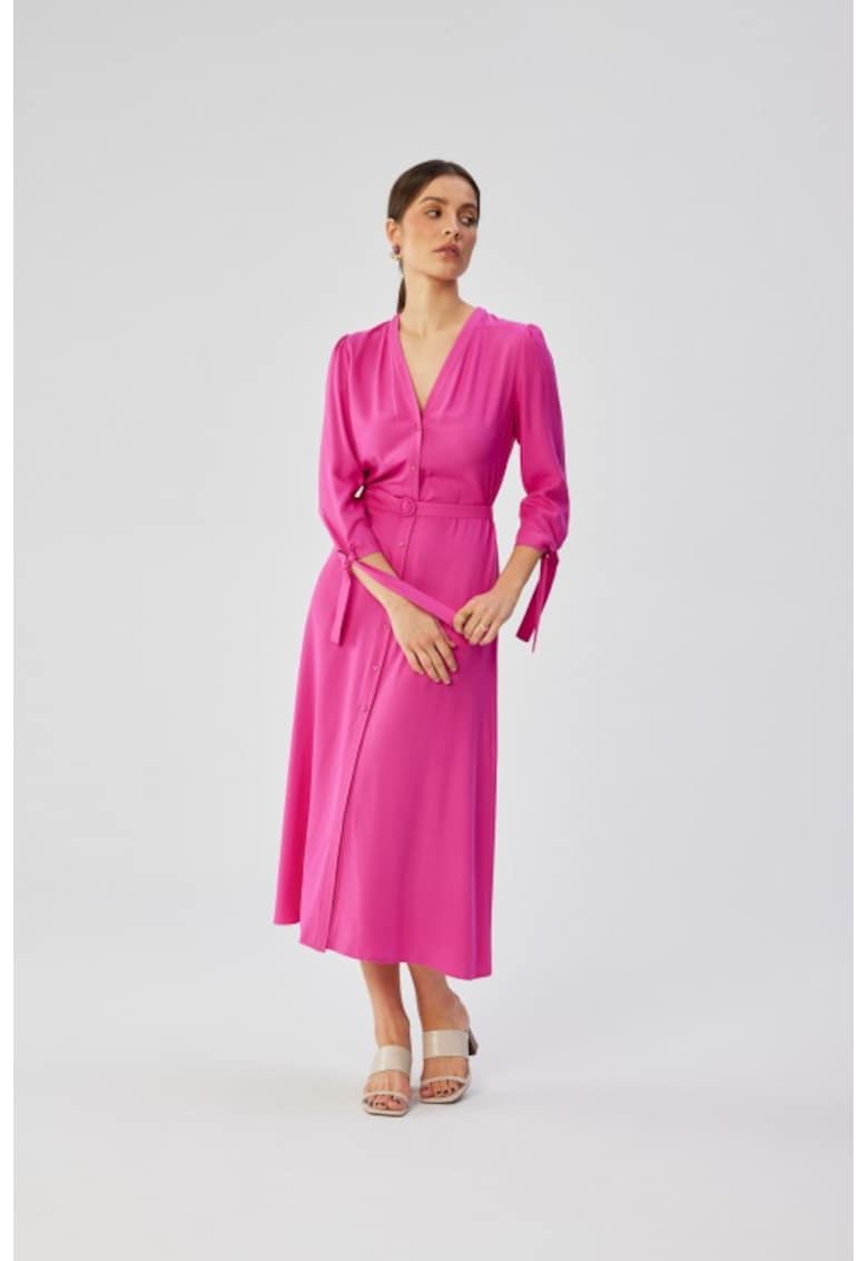Rochie midi din viscoza cu mansete legate - - Roz