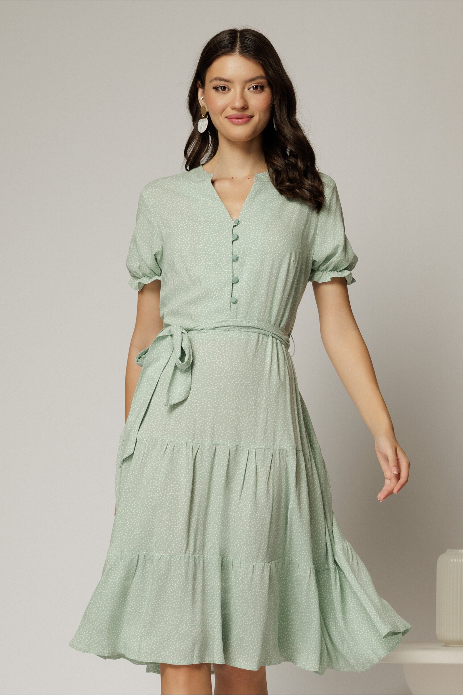 Rochie midi din viscoza verde fistic cu imprimeu alb