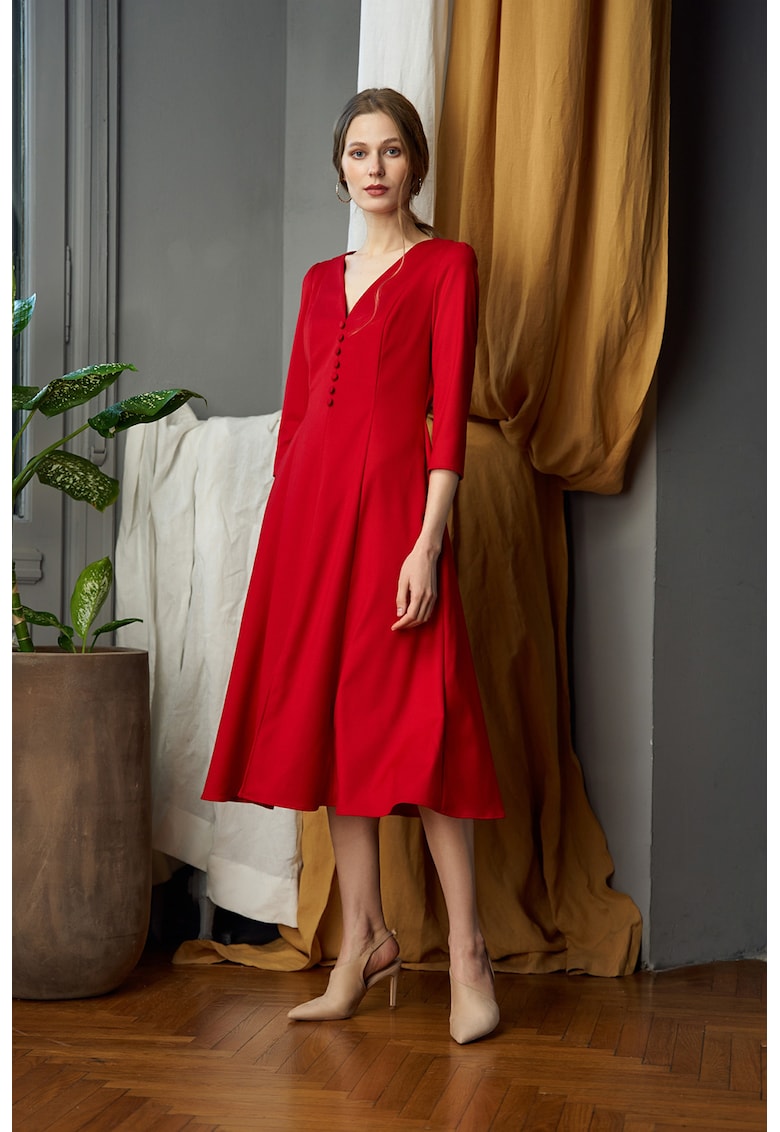 Rochie midi evazata cu decolteu in V - Rosu vermillion