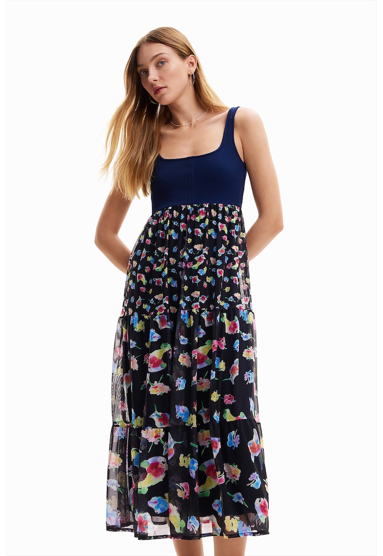 Rochie midi evazata cu imprimeu - Bleumarin