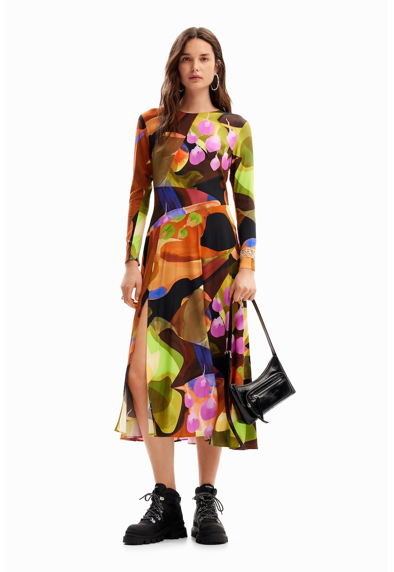 Rochie midi evazata cu slit lateral - Roz pastel/Portocaliu mandarina/Verde aquamarin