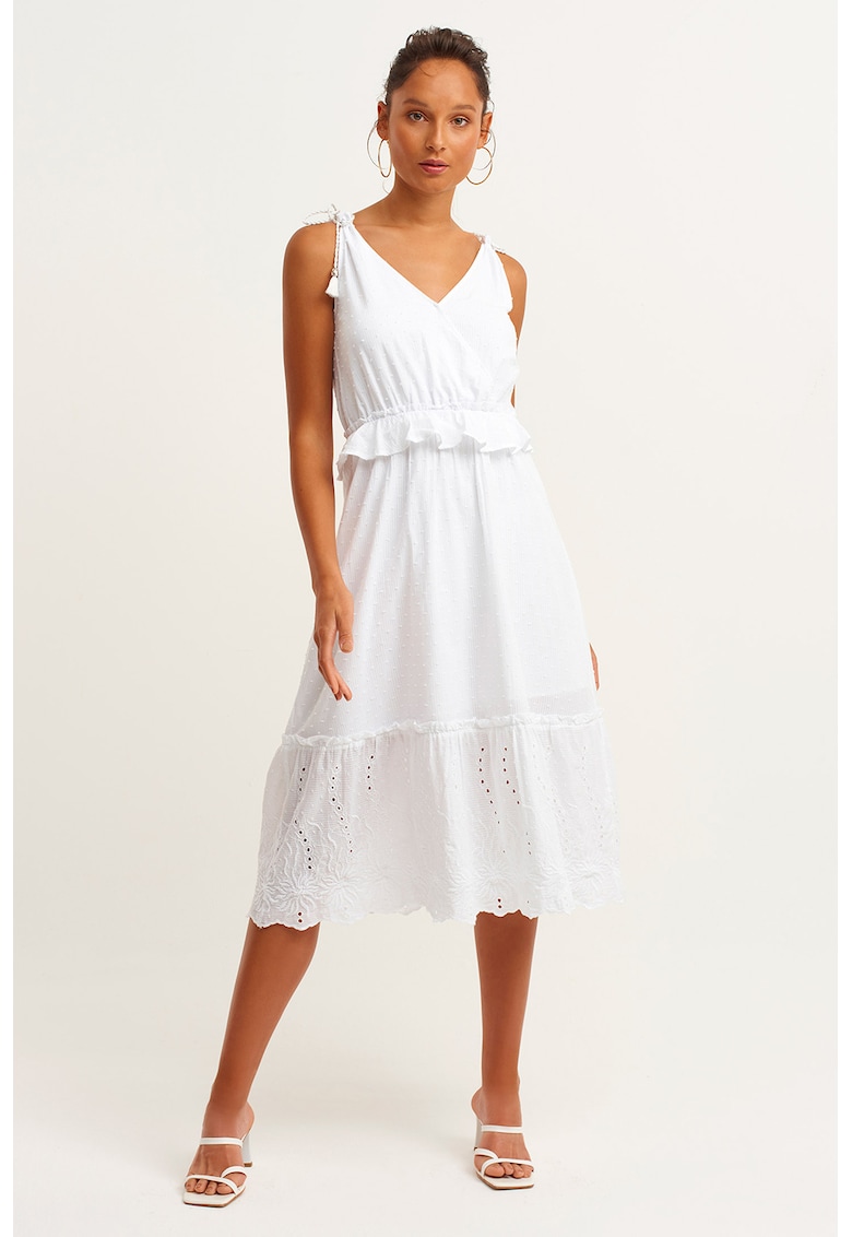 Rochie midi evazata cu volane - Alb