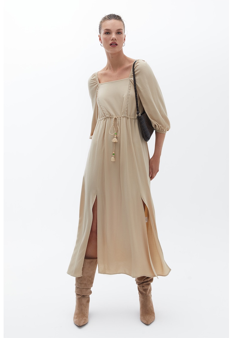 Rochie midi lejera cu decolteu patrat - Kaki