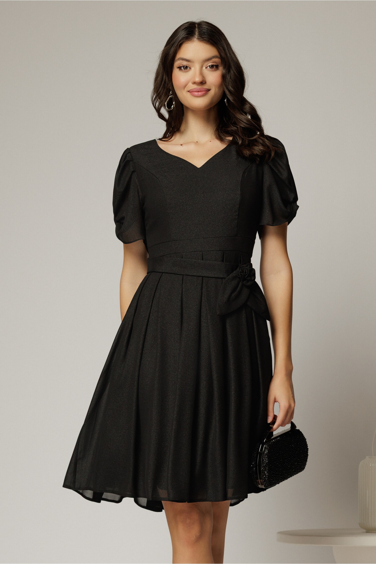 Rochie midi neagra din voal sidefat cu cordon detasabil