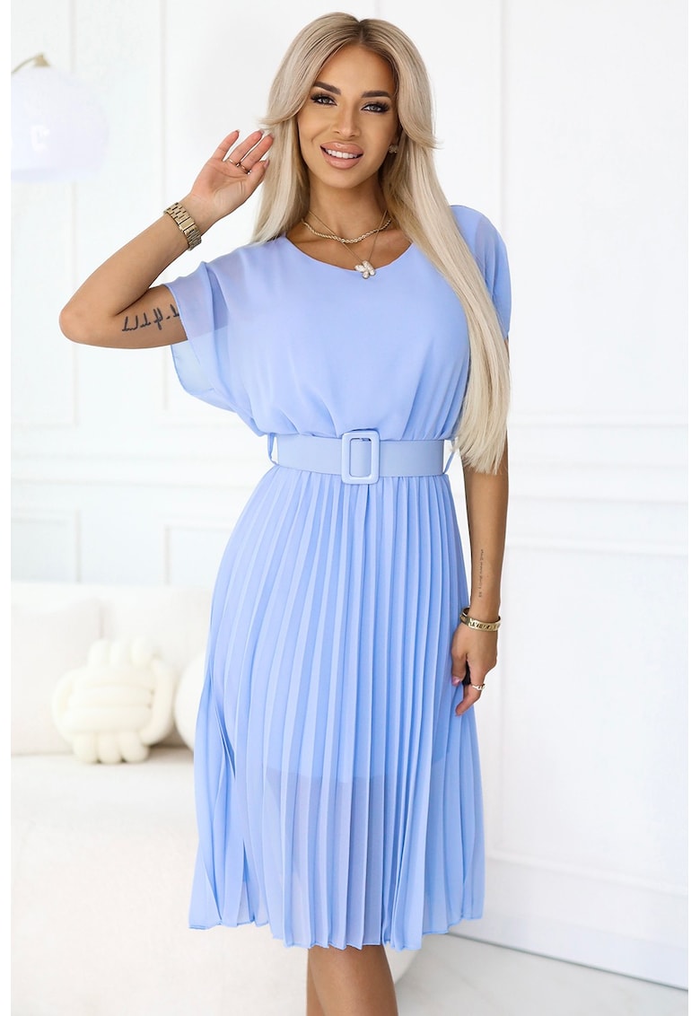 Rochie midi plisata cu curea lata - - Albastru deschis