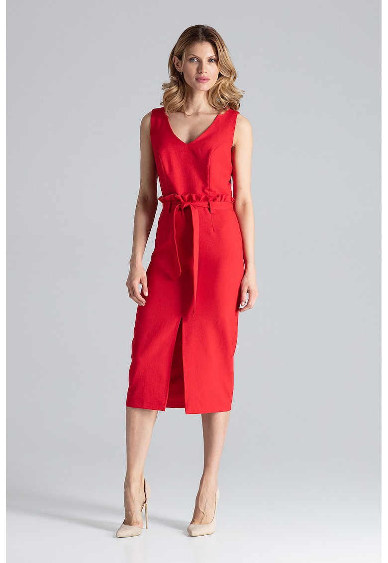 Rochie midi rosie cu decolteu in V si curea - poliester 100%
