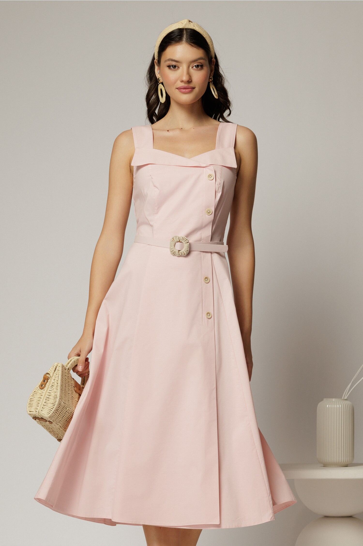 Rochie midi roz din poplin cu nasturi si curea in talie