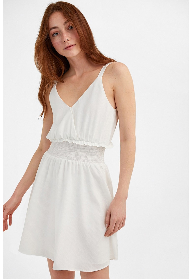 Rochie mini cu decolteu in V si insertie elastica in talie - Alb fildes