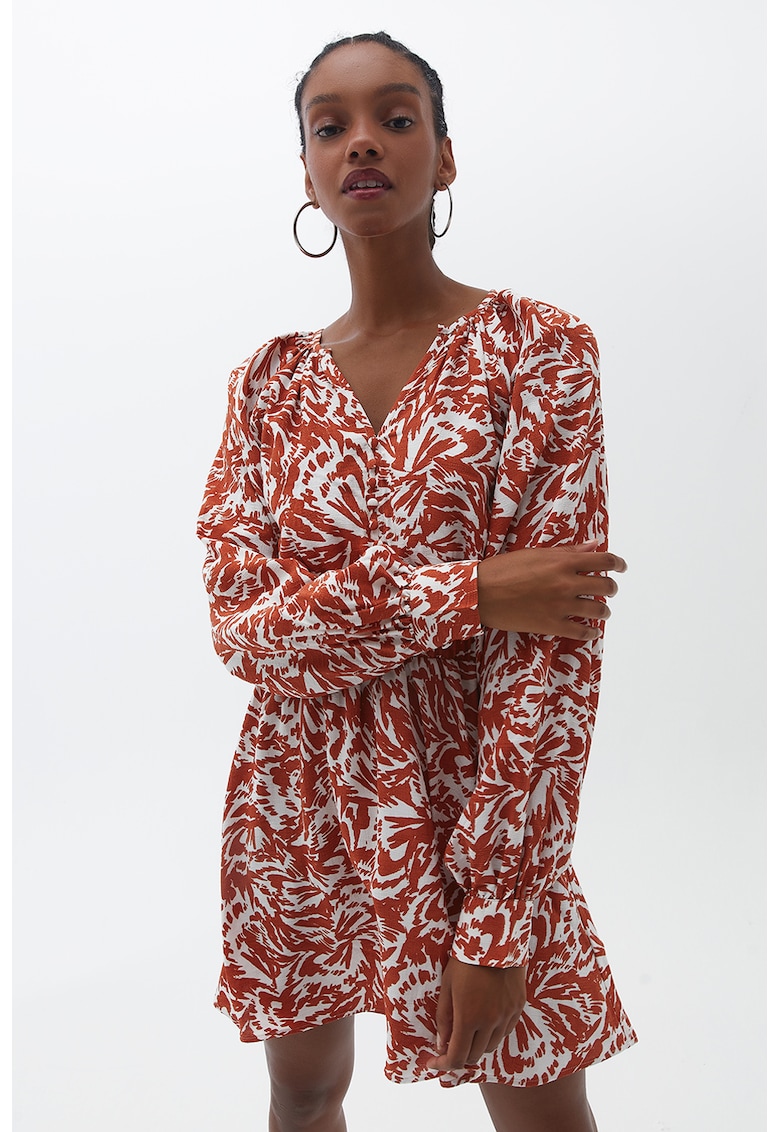 Rochie mini cu model si talie elastica - Alb/Caramiziu
