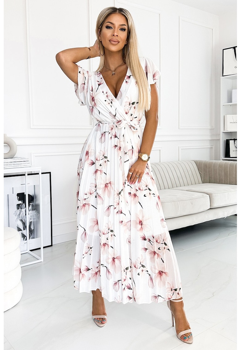 Rochie plisata midi cu volanase - - Alb