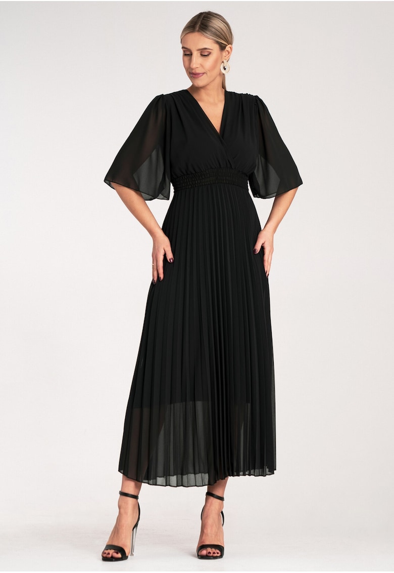 Rochie plisata midi - eleganta - poliester - neagra -