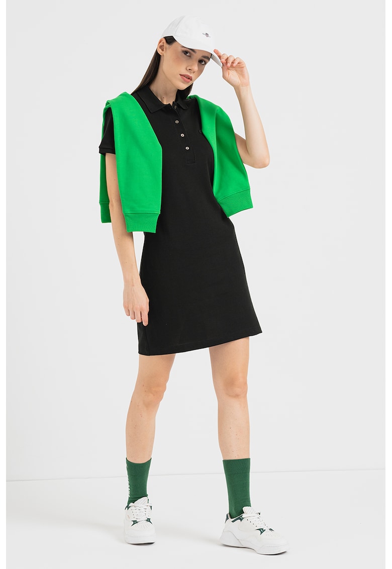 Rochie polo din material pique cu logo discret - Negru