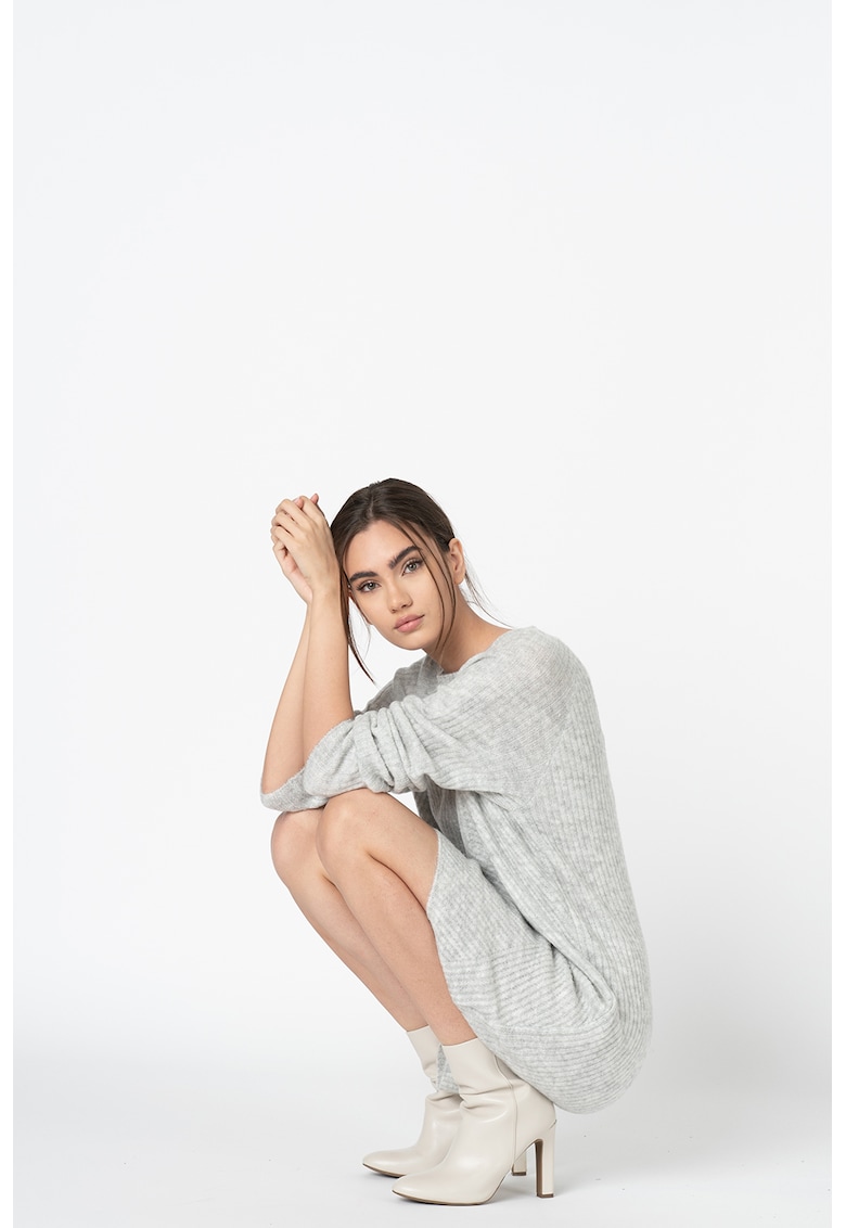 Rochie-pulover cu decolteu la baza gatului si aspect texturat - Gri deschis melange