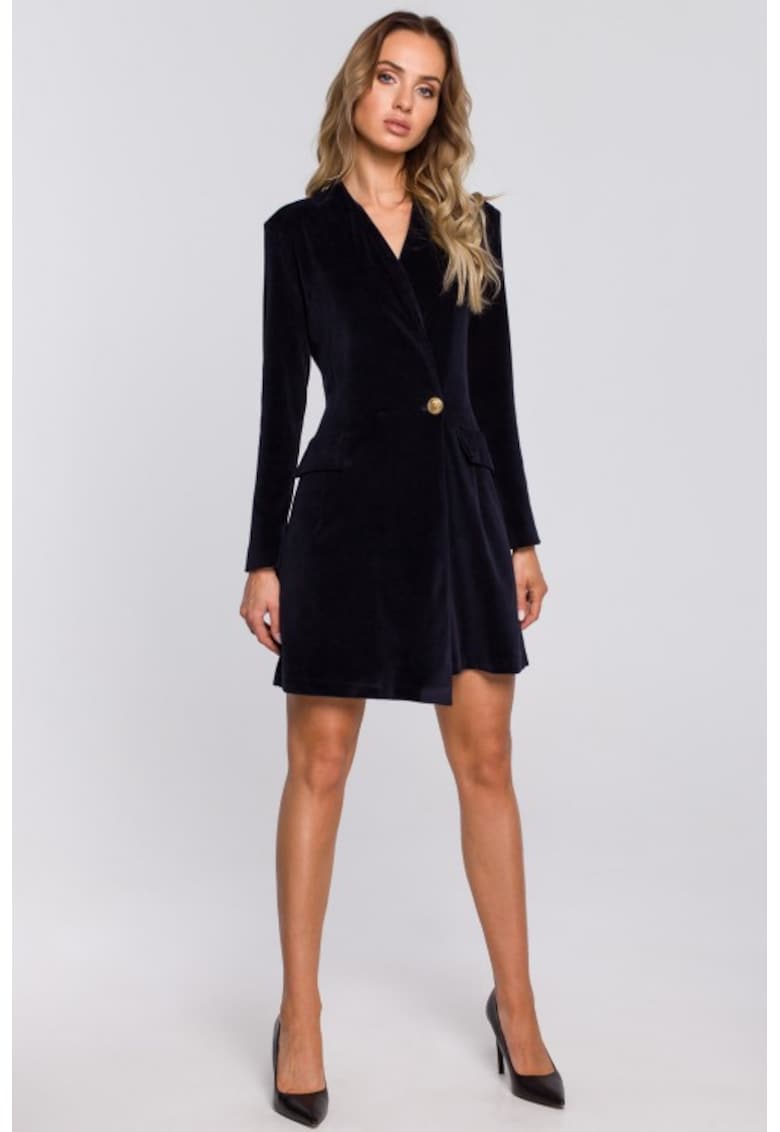 Rochie sacou din velur cu tiv asimetric - - Albastru