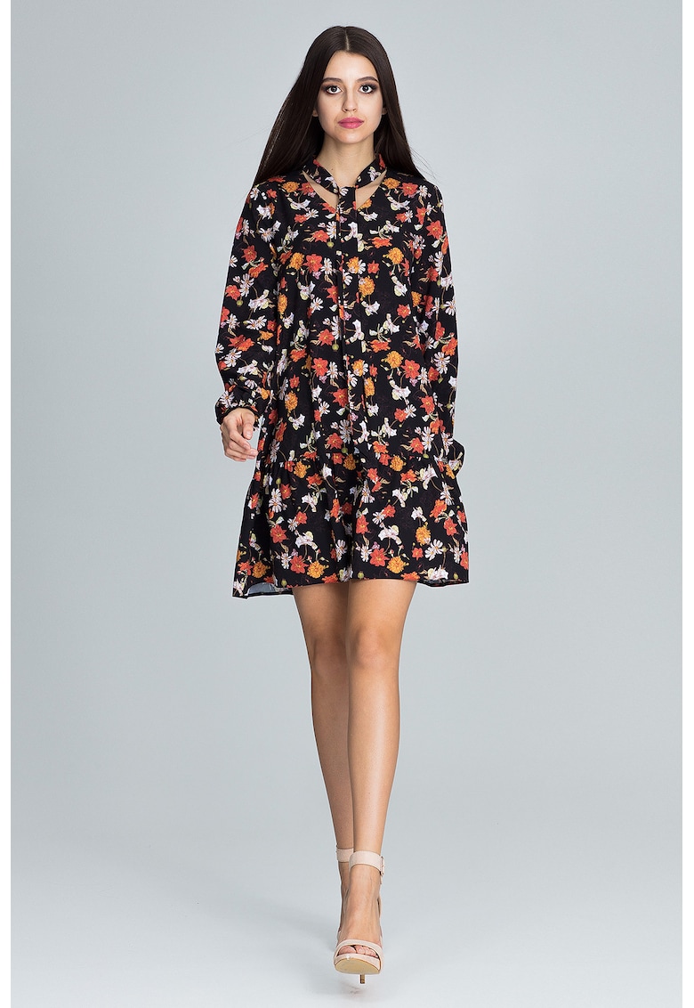 Rochie scurta M599 - florala - cu maneci lungi - multicolor - poliester
