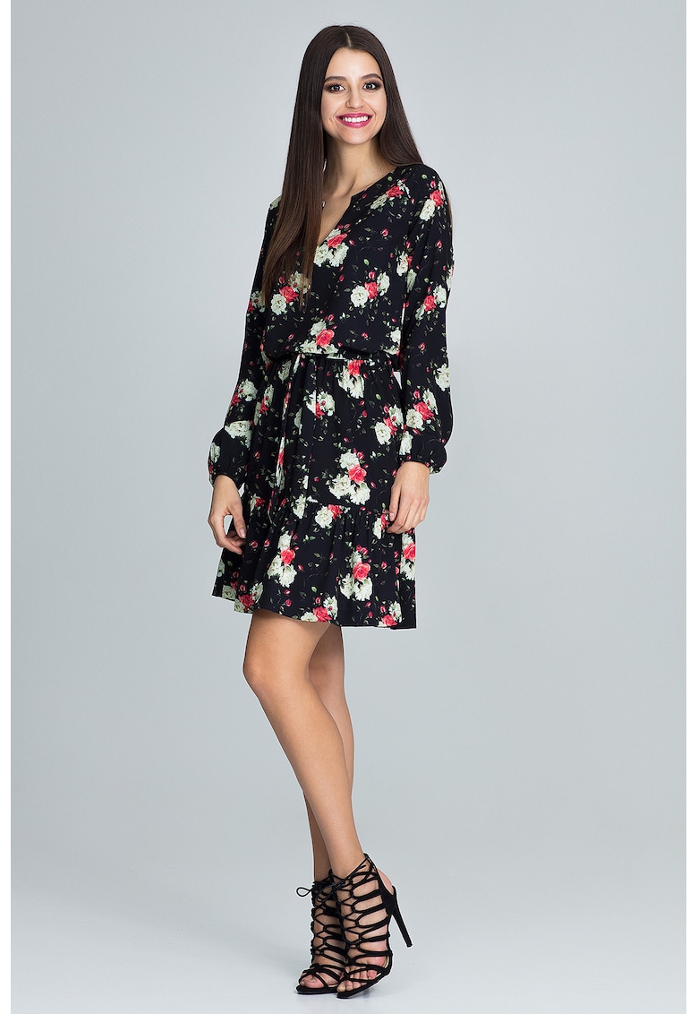 Rochie scurta boho - florala - cu maneci bufante - multicolor - poliester -