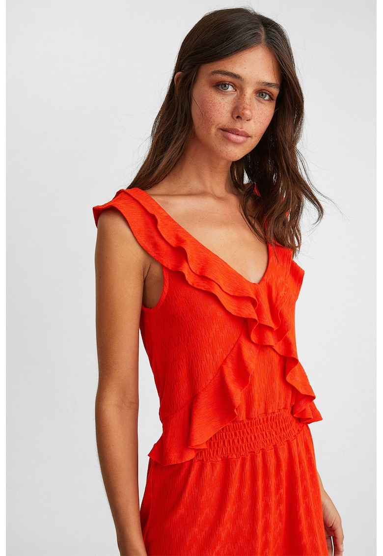 Rochie scurta cu decolteu in V si volane - Coral