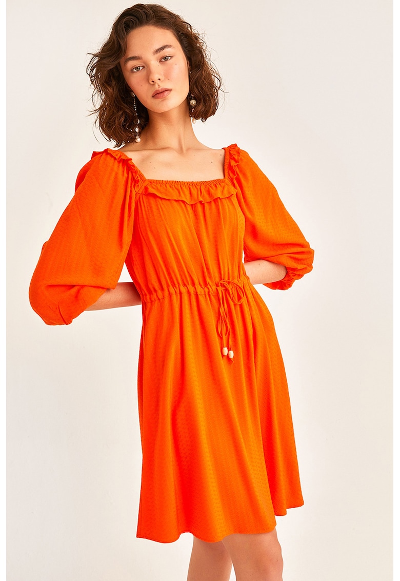 Rochie scurta cu model uni si decolteu patrat - Portocaliu mandarina