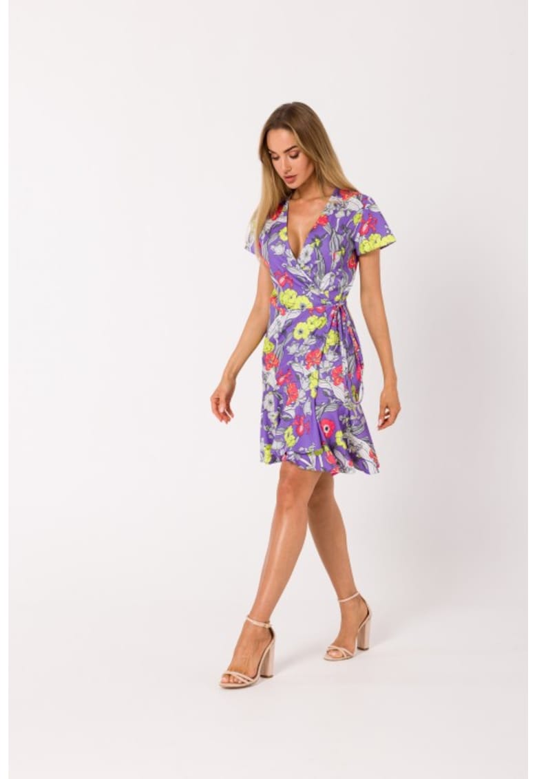 Rochie scurta cu suprapunere florala - - Alb/Galben/Violet