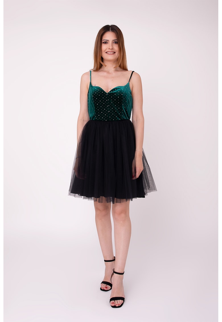 Rochie scurta evazata cu funda pe partea din spate Bloom - Negru/Verde englez